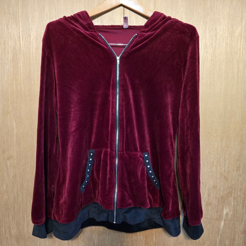 Velvet Cat Ear Hoodie Large Zip-Up Womens Burgundy Gothic Stud Velour Sweatshirt